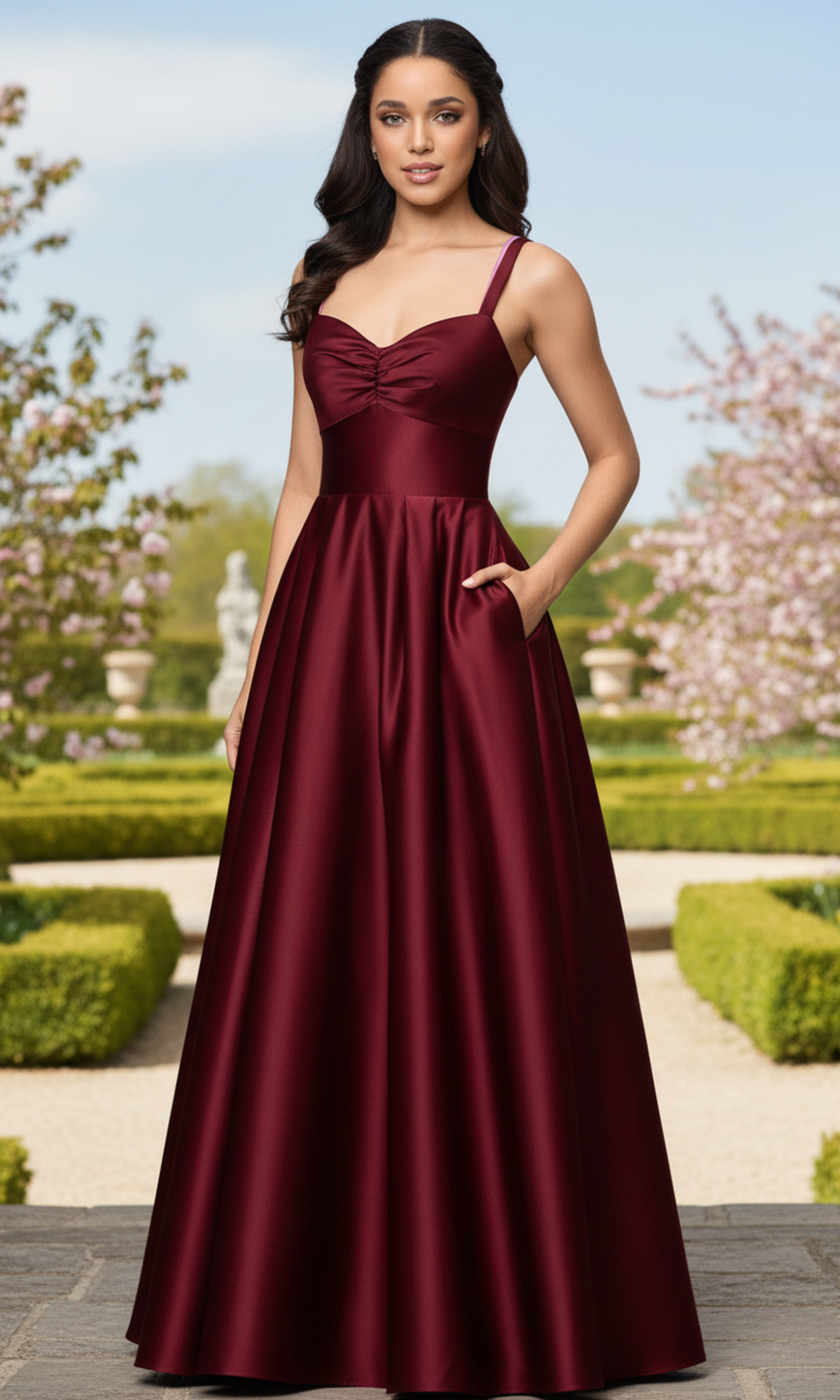 A woman stands outdoors in a formal garden wearing the Long Prom Dress: Blondie Nites 6192BN in wine, featuring a sleeveless A-line silhouette, floor-length skirt, fitted bodice, sweetheart neckline, and pockets.